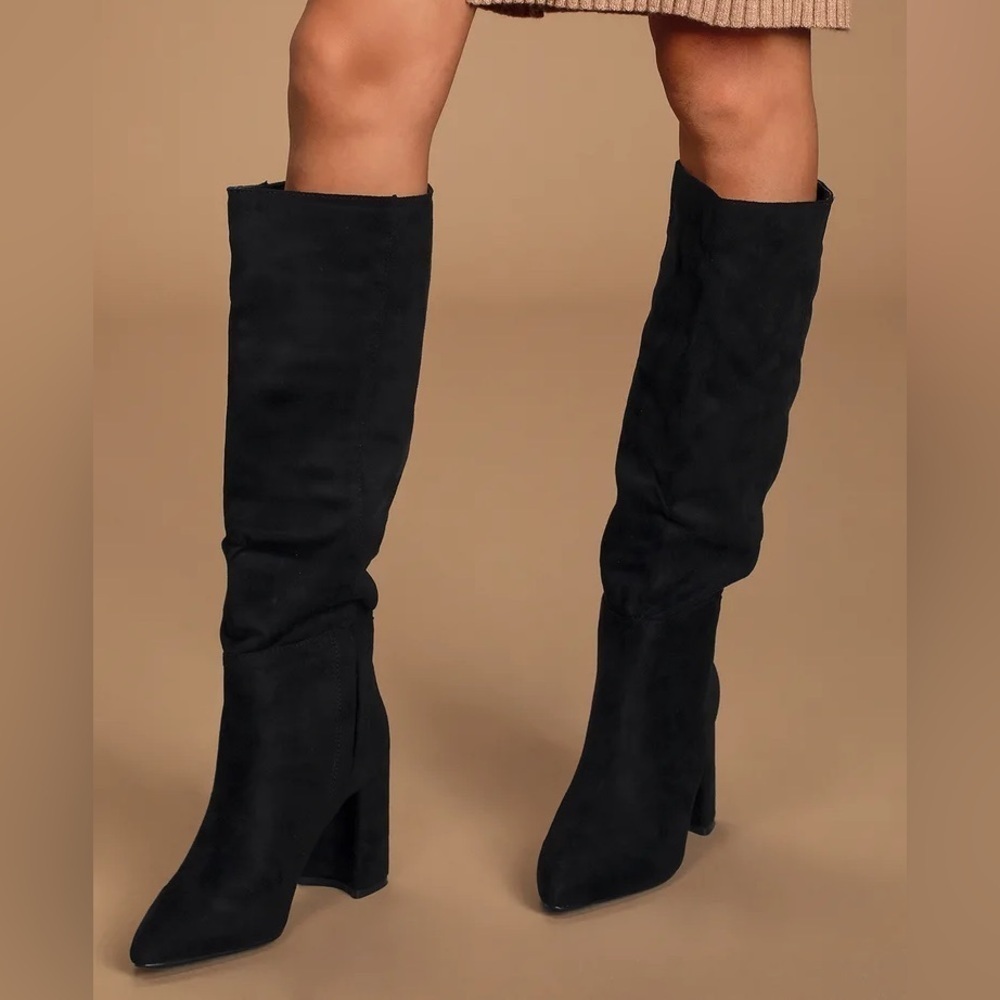 Givana Knee High Black Suede Block Heeled Boots Size 37